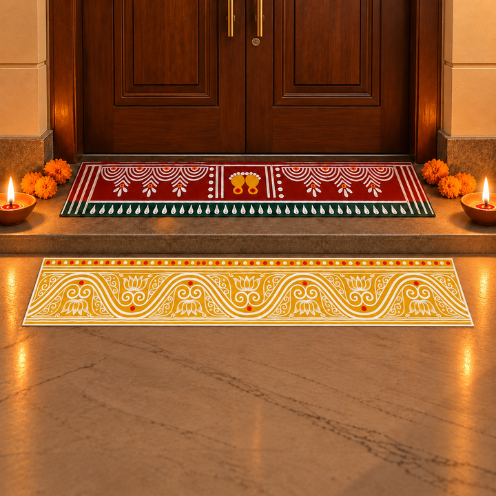 2 Pc | Radhachura Strip & Mangalam Strip Reusable Handmade Fabric Rangoli Mat for Festive Entrance Decor