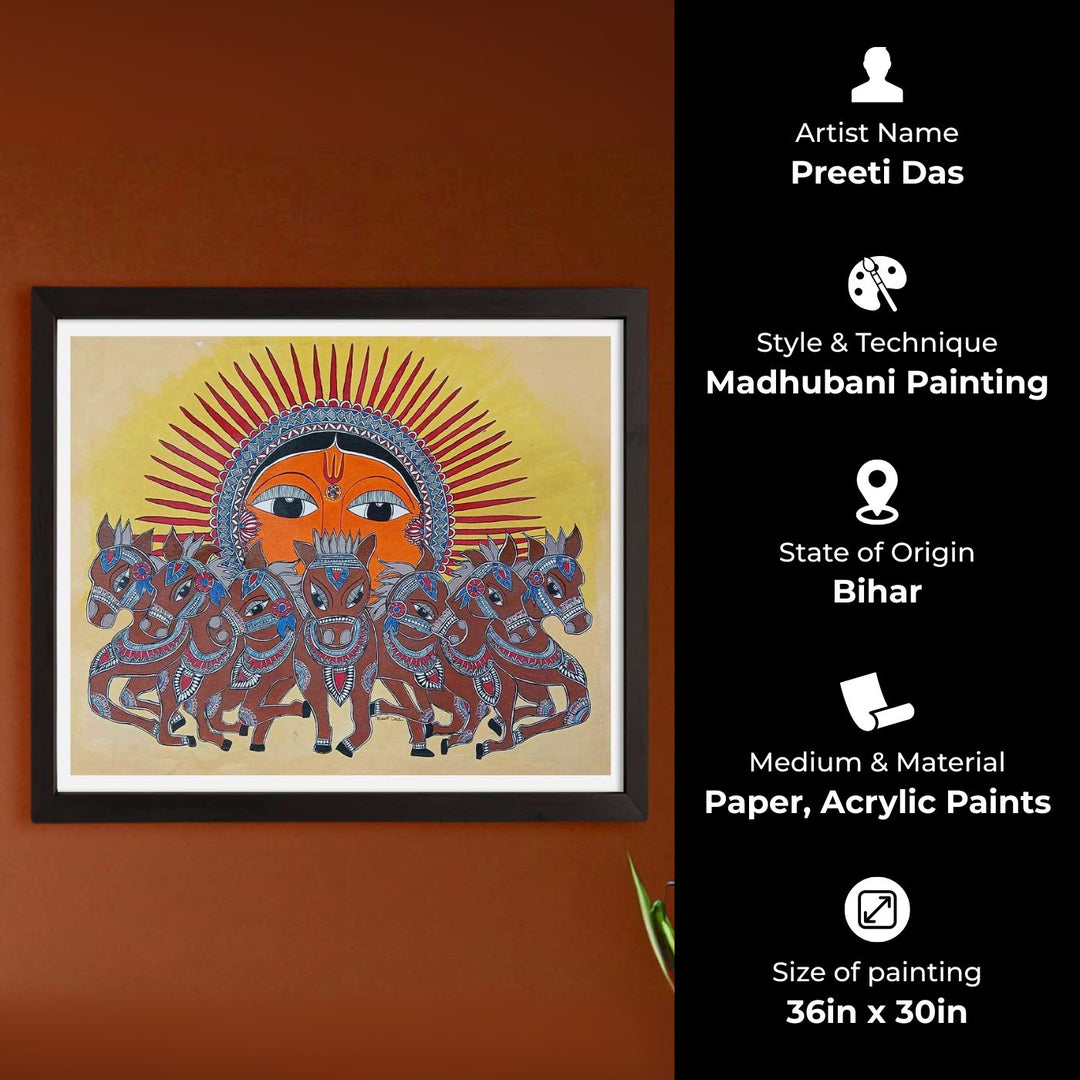 36 x 30 Inch | Seven Horse & Sun | Original Hand Painted Madhubani Painting | Acrylic Paints On Canvas