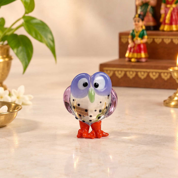 Set of 2 | Handmade Blown Glass Lilac Owl Miniature Figurine For Decor