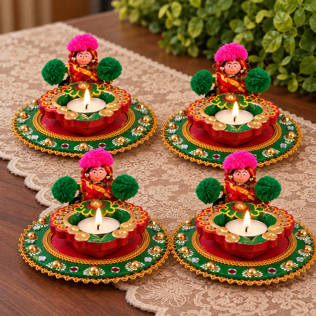 4 Pc | Puppet Handmade Fabric-Wrapped MDF Diya Thali For Pooja Room Decor