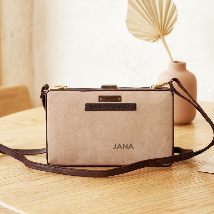 Personalized Taupe Brick Leather Clutch With Sling