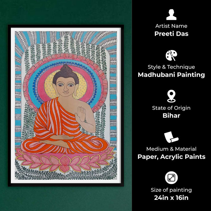 24 x 16 Inch | Buddha | Original Hand Painted Madhubani Painting | Acrylic Paints On Paper
