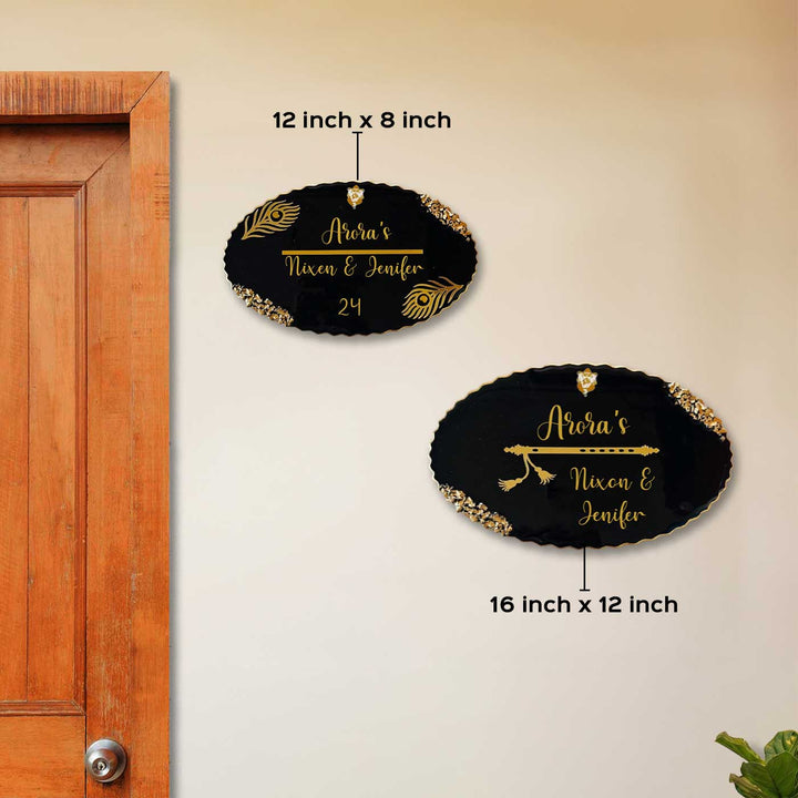 Black Feathers Personalized Oval Resin Name Plate | With 3D Acrylic Letters & Gold Stone Embellishment