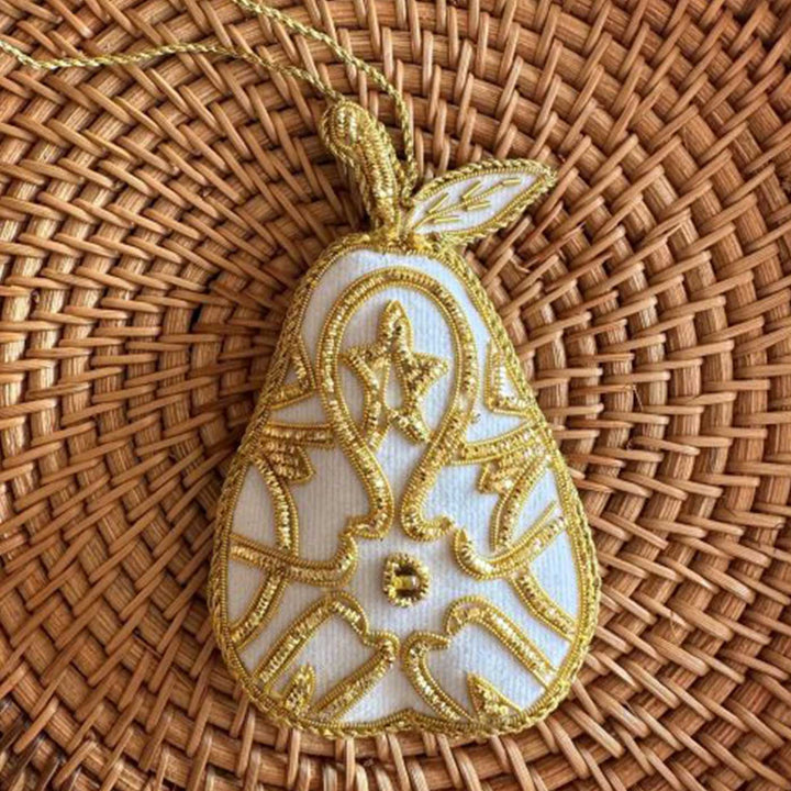 White And Gold Pear Premium Zardozi Ornament