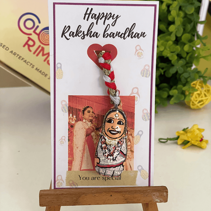 Photo Customized Wooden Character Lumba Rakhi with Roli Chawal