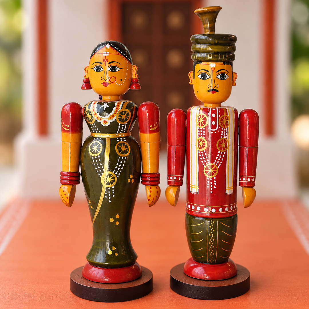 Set of 2 | Handmade Bride & Groom Wooden Golu Doll Toys For Festive Decor