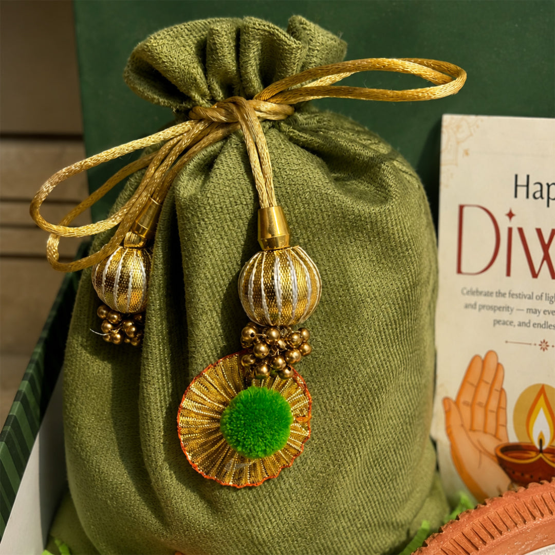 Harit Diwali Celebration Green Gift Hamper With Terracotta Candle And Shubh Labh Potli For Festive Gifting