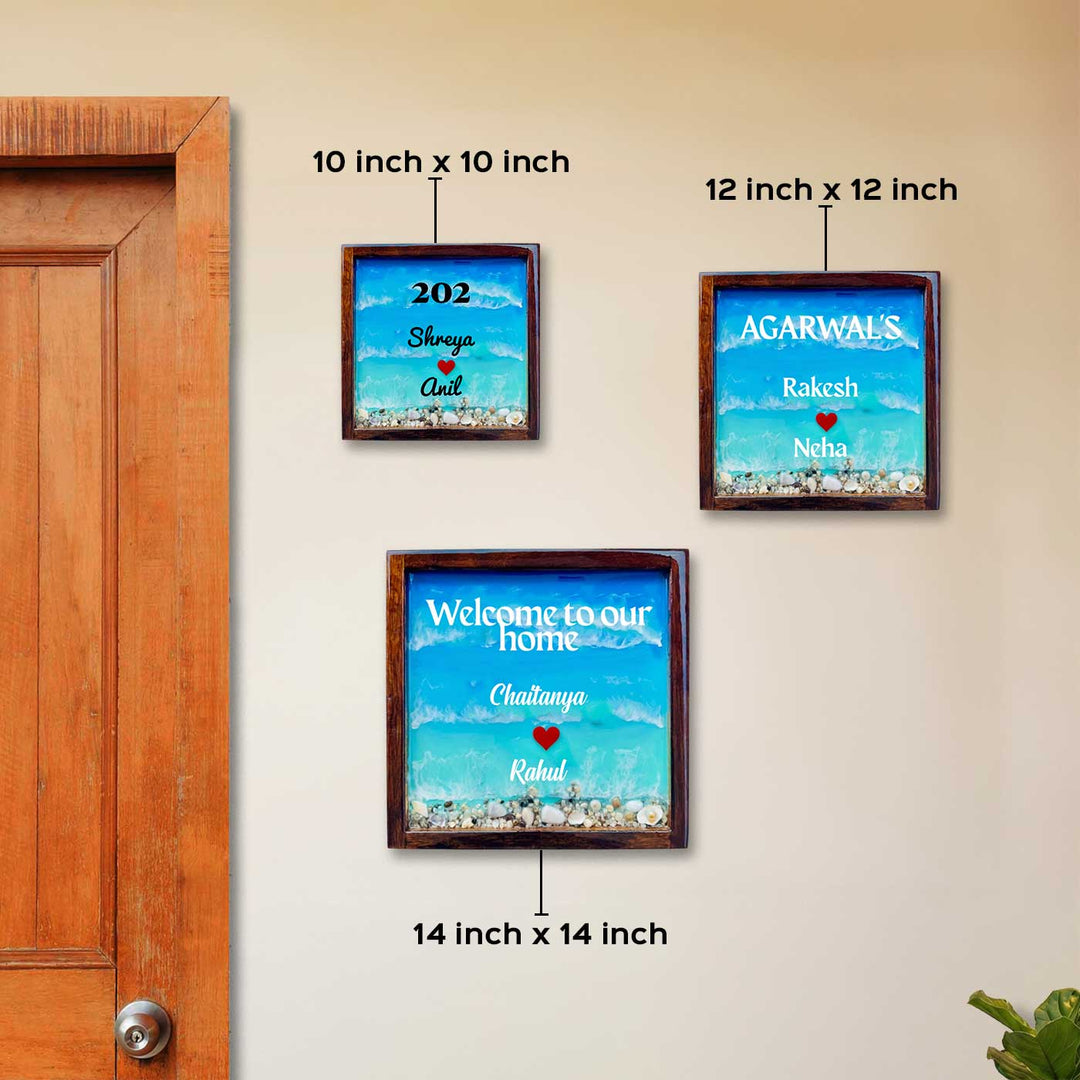 Light Blue Personalized Beach Effect Framed Square Resin Name Plate | With 3D Acrylic Letters