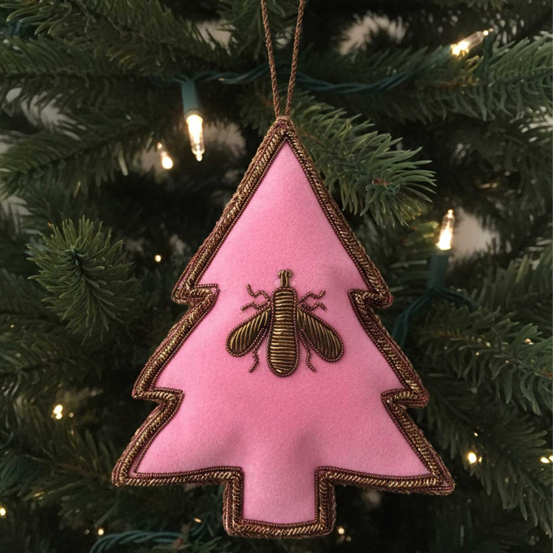 Pink Christmas Tree With Bee Premium Zardozi Ornament