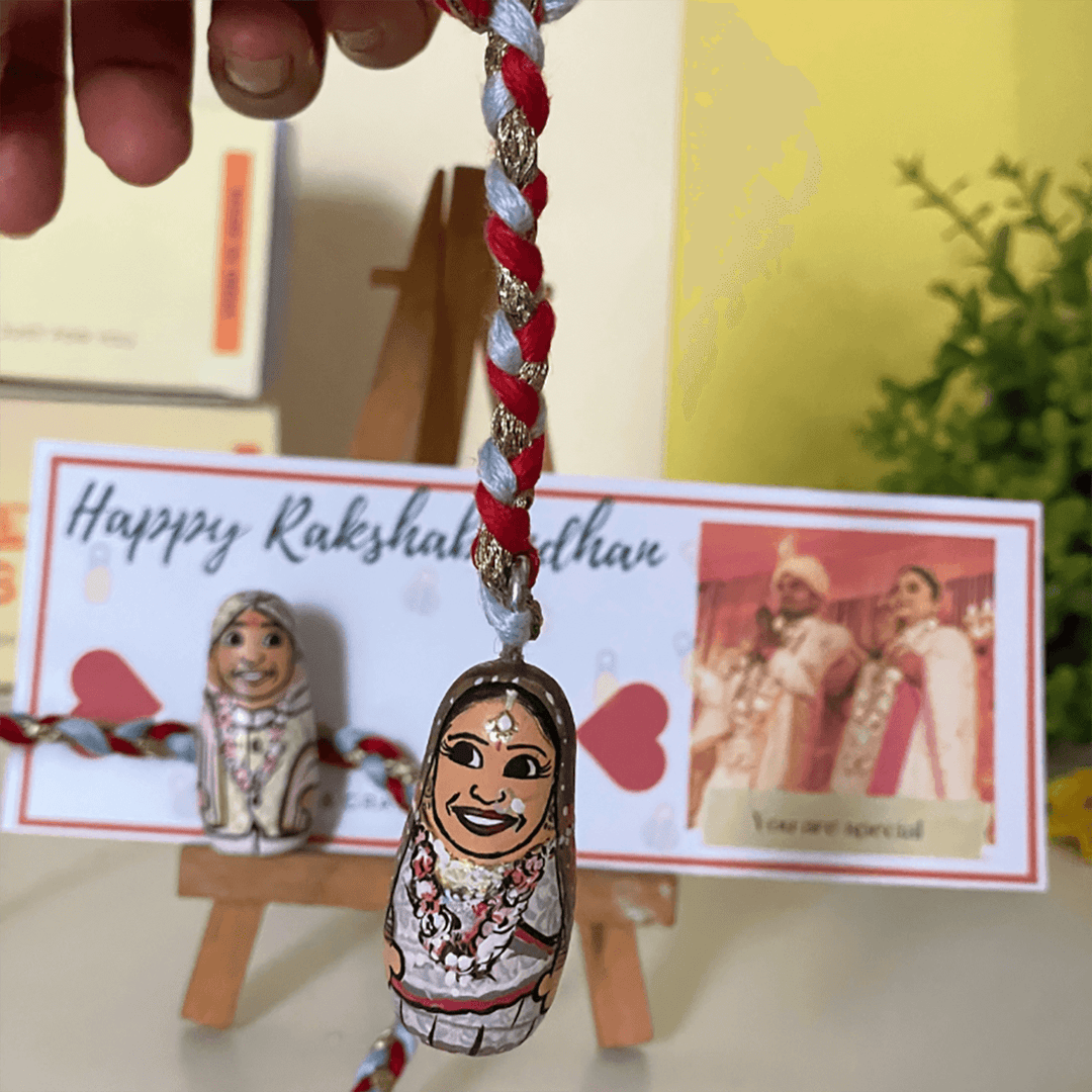 Photo Customized Wooden Character Lumba Rakhi with Roli Chawal
