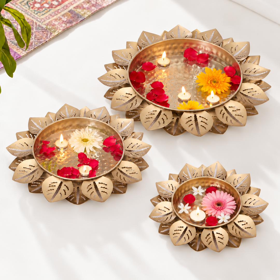 Handmade Lotus Cut Urli | Set of 3
