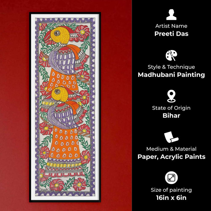 16 x 6 Inch | Duo Birds | Original Hand Painted Madhubani Painting | Acrylic Paints On Paper
