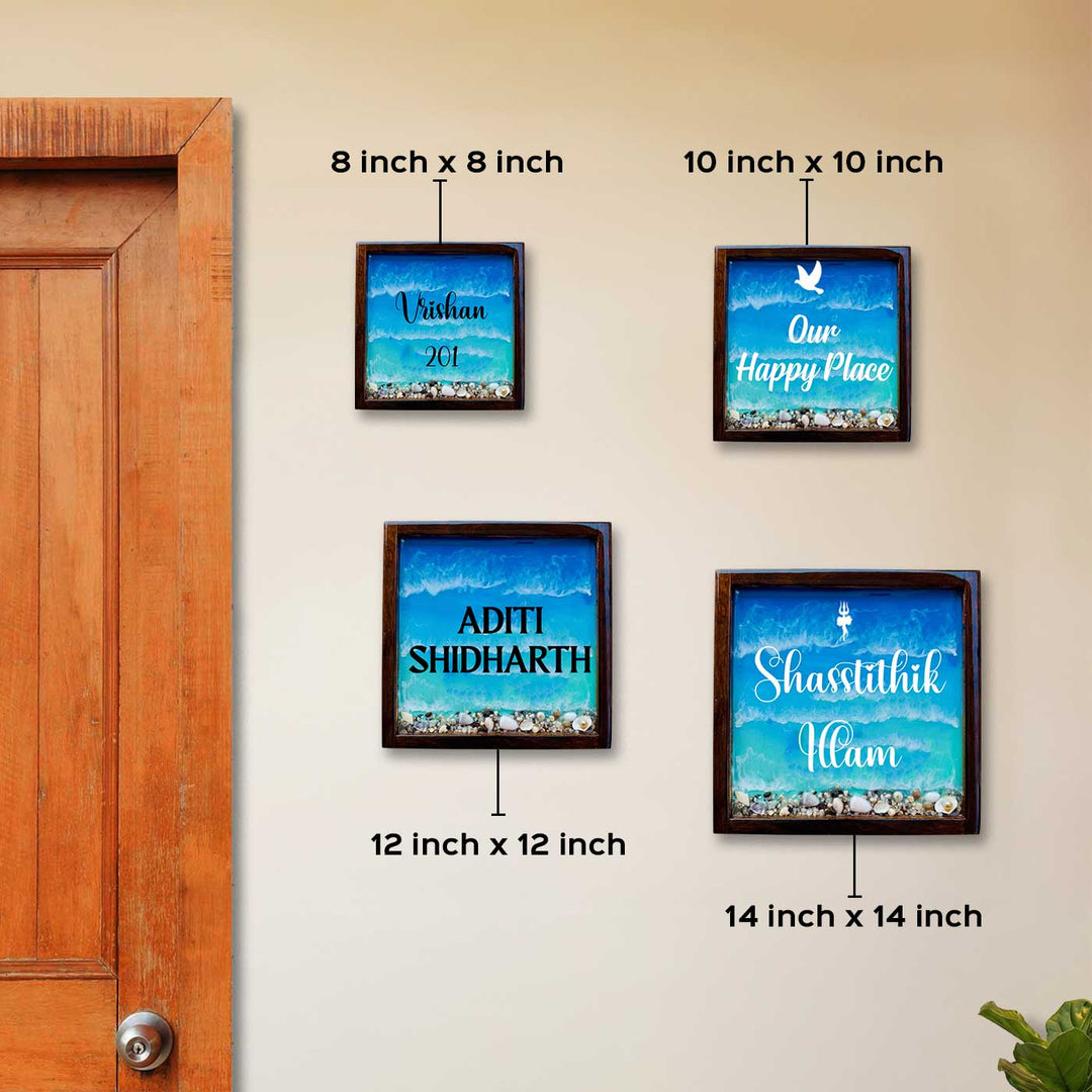 Blue Personalized Beach Effect Framed Square Resin Name Plate | With 3D Acrylic Letters