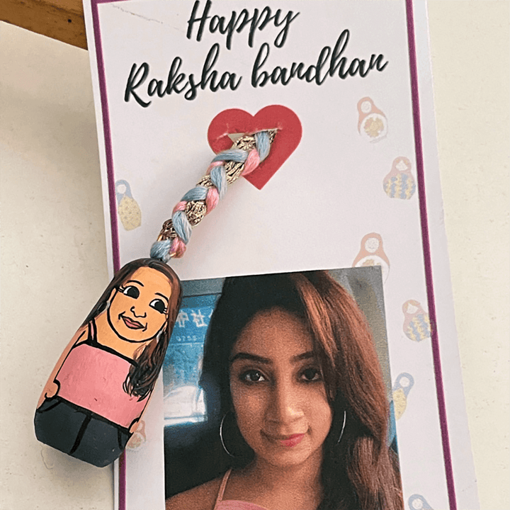 Photo Customized Wooden Character Lumba Rakhi with Roli Chawal