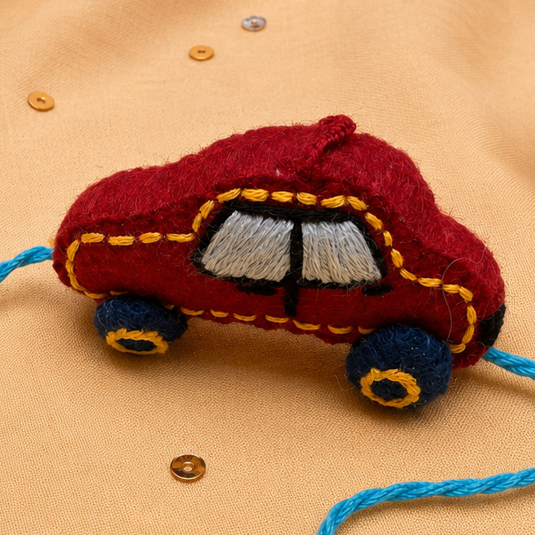 Hand Embroidered 3D Car Rakhi With Keychain For Brother