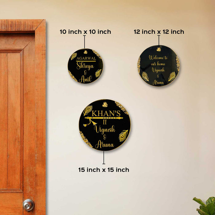 Black Feathers Personalized Round Resin Name Plate | With 3D Acrylic Letters & Gold Stone Embellishment