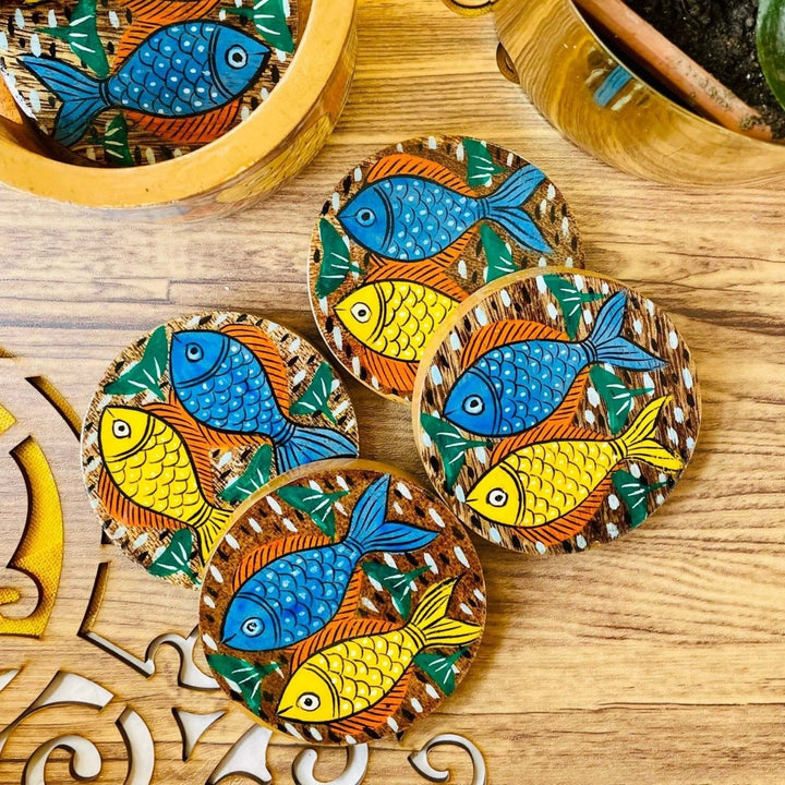 Hand-Painted Patachitra Neer Wooden Coaster Set | Set Of 6