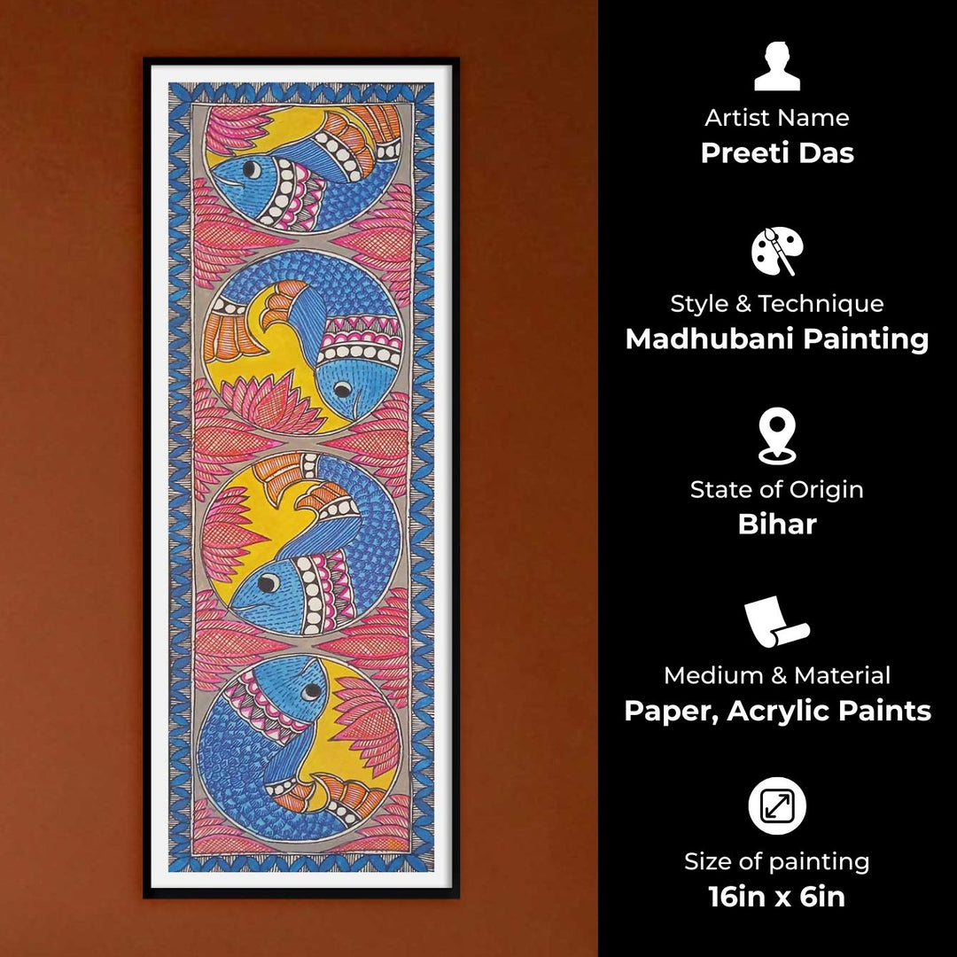 16 x 6 Inch | Fishes & Lotus | Original Hand Painted Madhubani Painting | Acrylic Paints On Paper