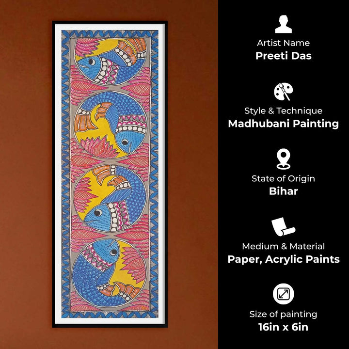 16 x 6 Inch | Fishes & Lotus | Original Hand Painted Madhubani Painting | Acrylic Paints On Paper