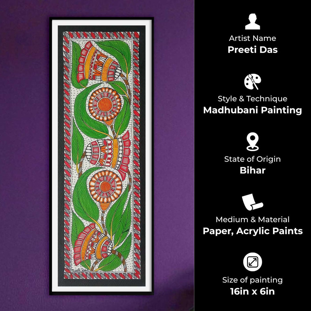 16 x 6 Inch | Flowers & Leaves | Original Hand Painted Madhubani Painting | Acrylic Paints On Paper