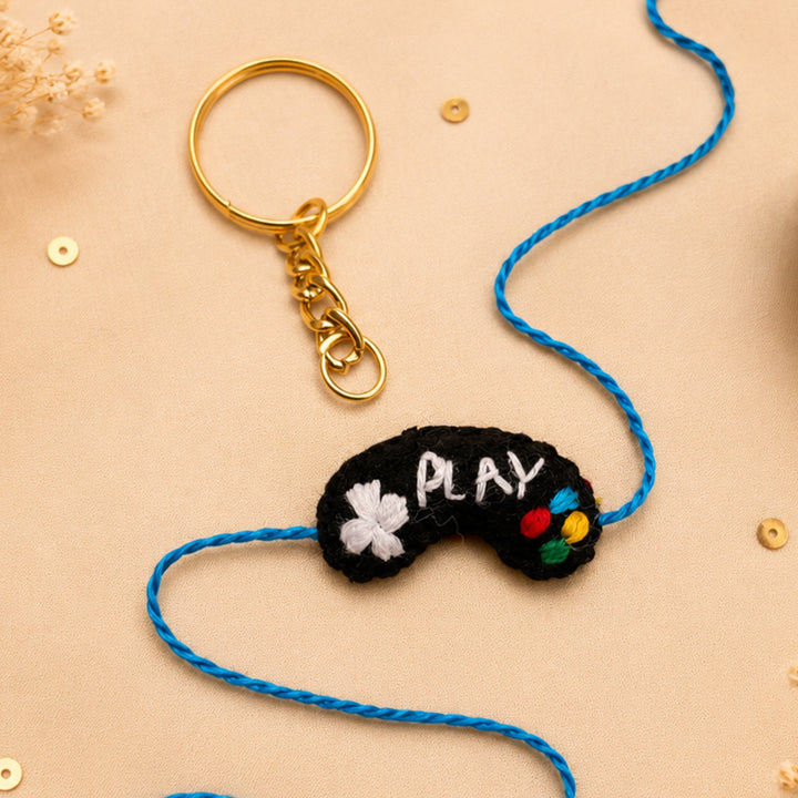 Hand Embroidered Game Console Rakhi With Keychain For Brother