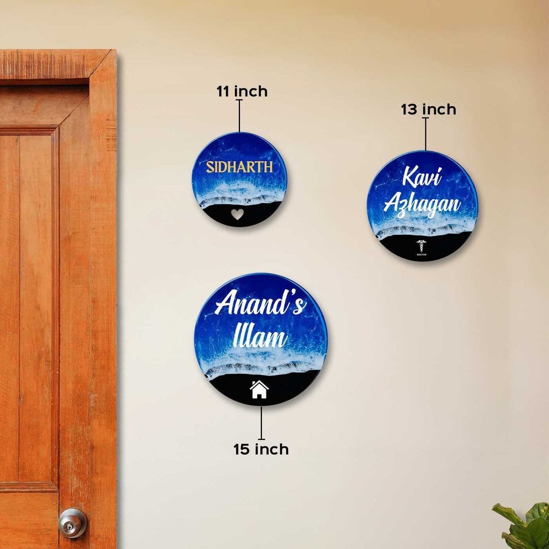 Blue Personalized Ocean Effect Round Resin Name Plate | With 3D Acrylic Letters