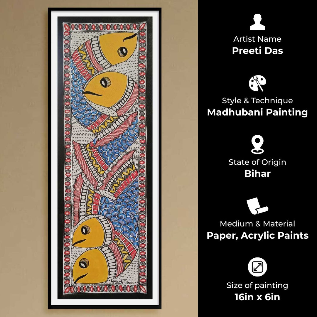 16 x 6 Inch | School Of Fish | Original Hand Painted Madhubani Painting | Acrylic Paints On Paper