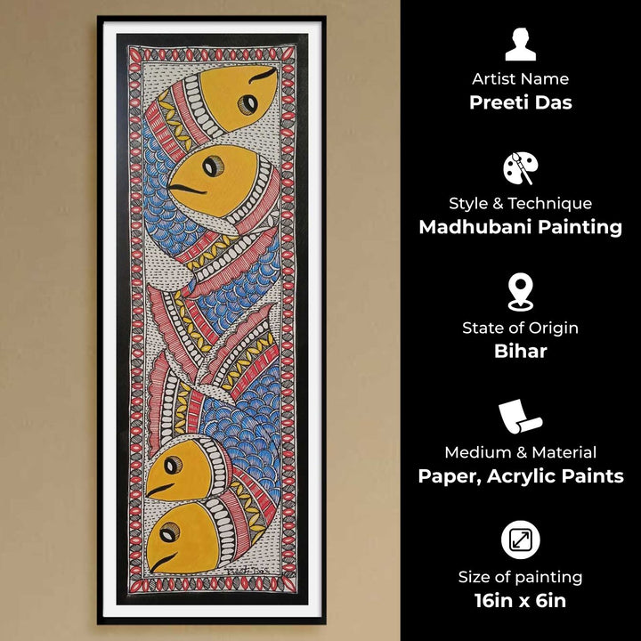 16 x 6 Inch | School Of Fish | Original Hand Painted Madhubani Painting | Acrylic Paints On Paper