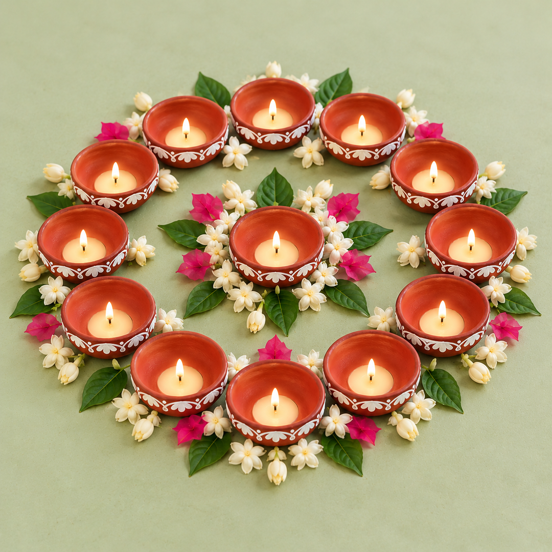16 Pc | Hand-Painted Shwet Kala White Floral Border Terracotta Tealight Holders With Tealights For Festive Decor