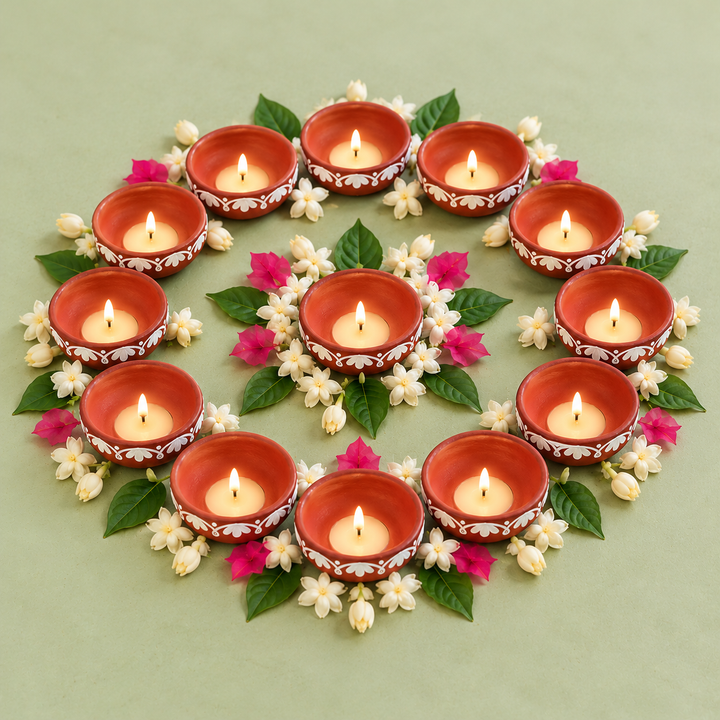16 Pc | Hand-Painted Shwet Kala White Floral Border Terracotta Tealight Holders With Tealights For Festive Decor