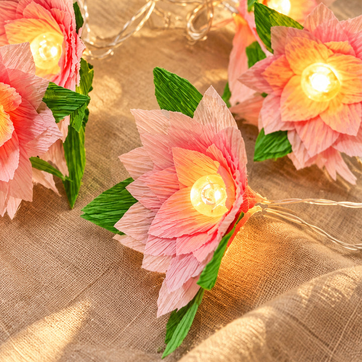 Handmade Phool Jhalar Crepe Paper Flower LED Fairy Light For Festive Decor - Baby Pink & Green