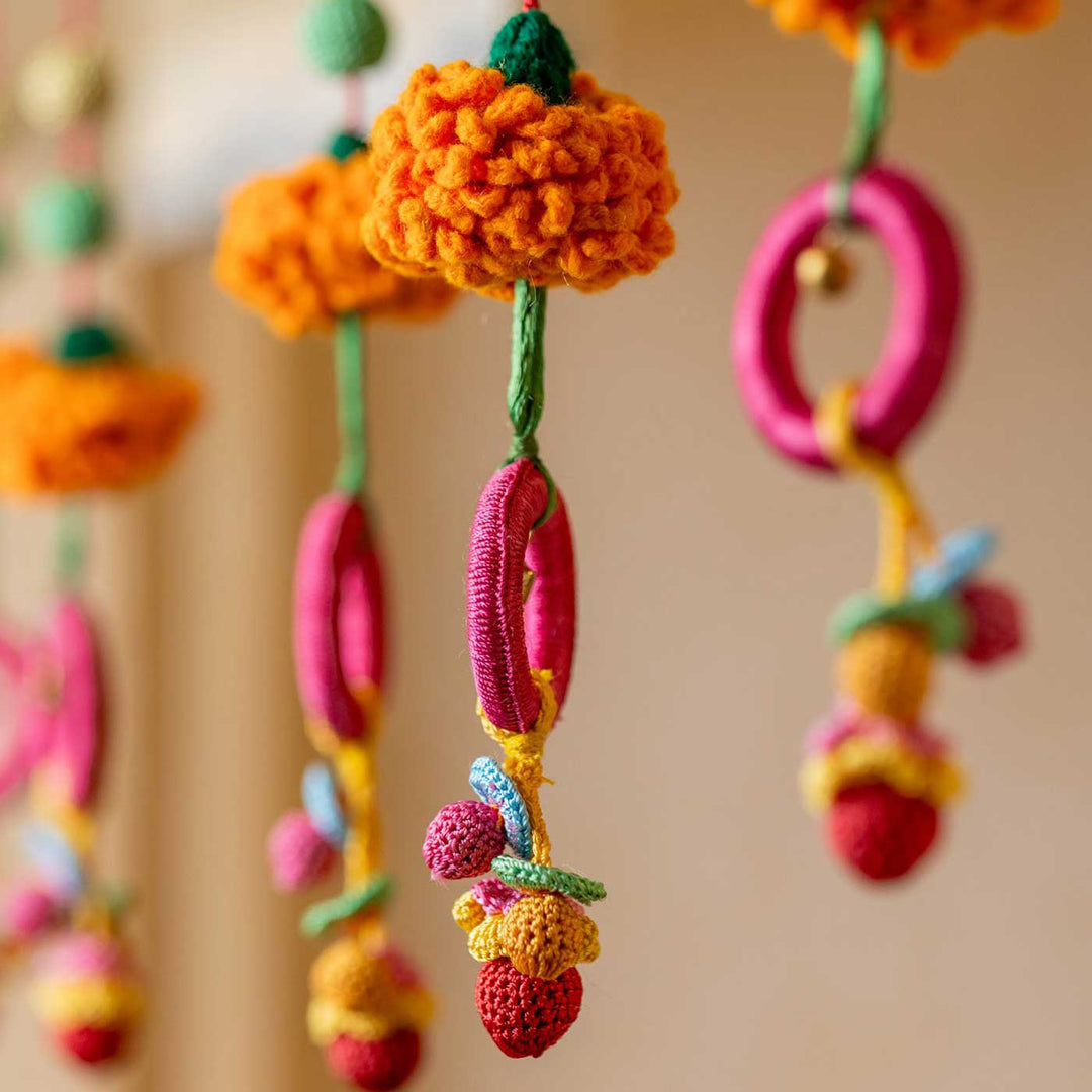 49 Inch | Intricate Realistic Crochet Marigold Pink Rings Design Cotton Toran