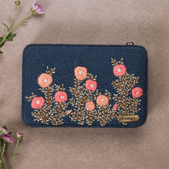 Personalized Embroidered Pink Buttercups Navy Blue Box Clutch