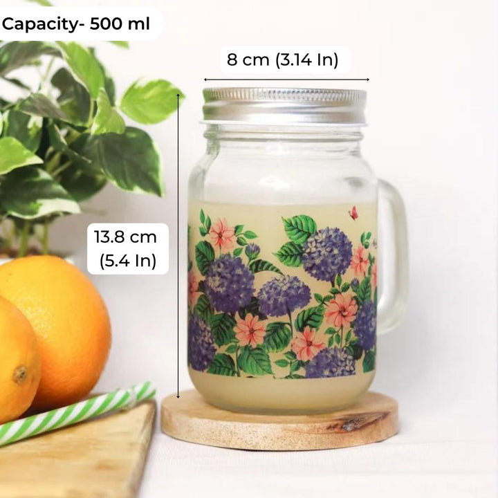 Botanical Print Mason Jar with Metal Lid & Straw | 500 ml