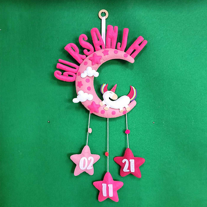 Personalized Handmade Unicorn Theme Moon Shaped Felt Kids Name Plate with Birthdate