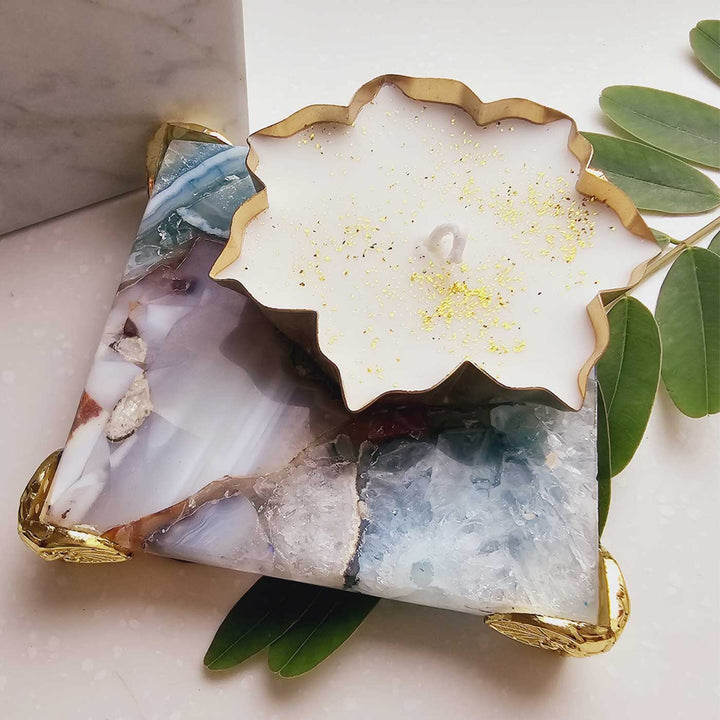 Handmade Multicolor Agate Chowki With Metal Votive Candle | Set Of 2