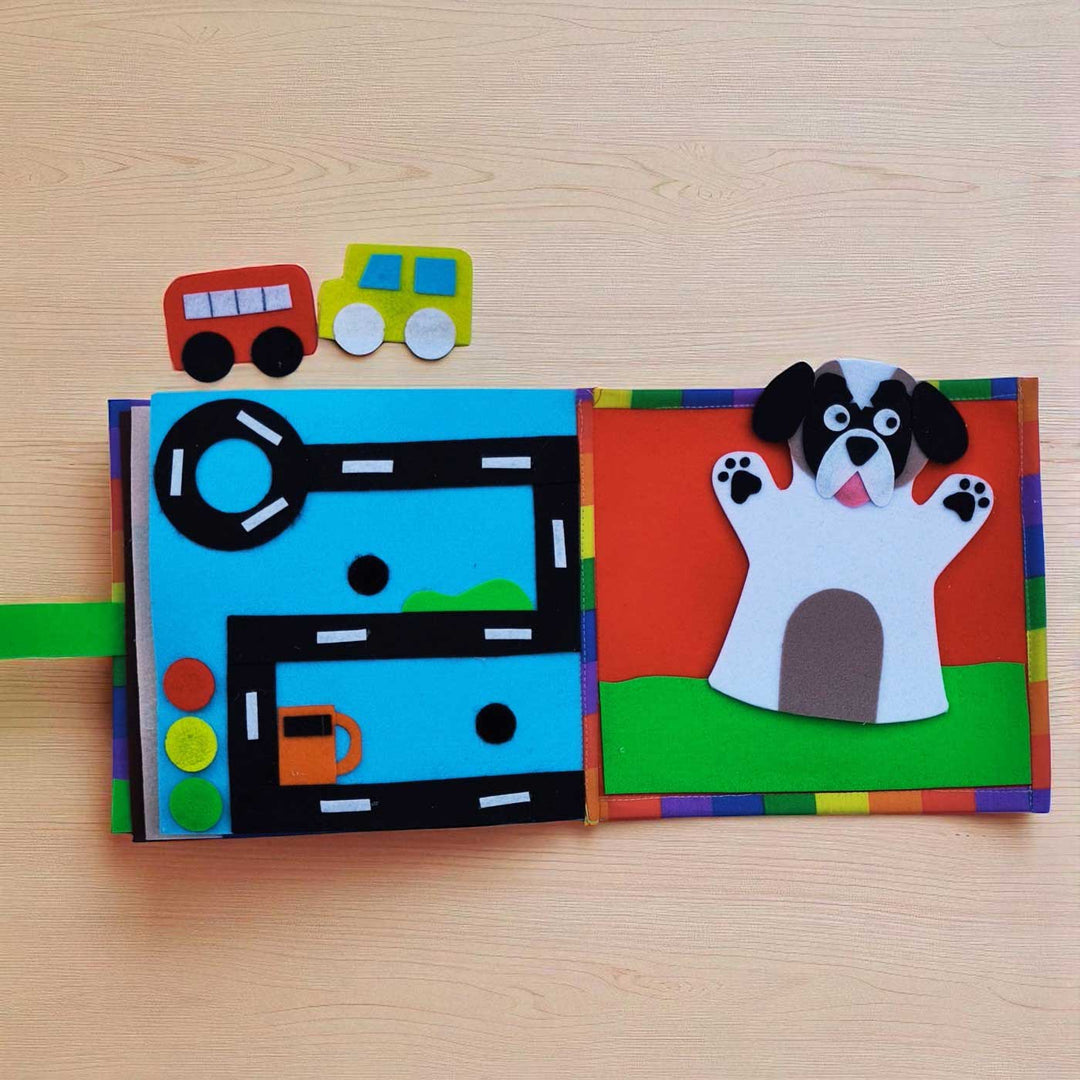 Handmade Animals Activity Book Felt Kids Rakhi And Toy Combo - Open Book with Road and Puppets