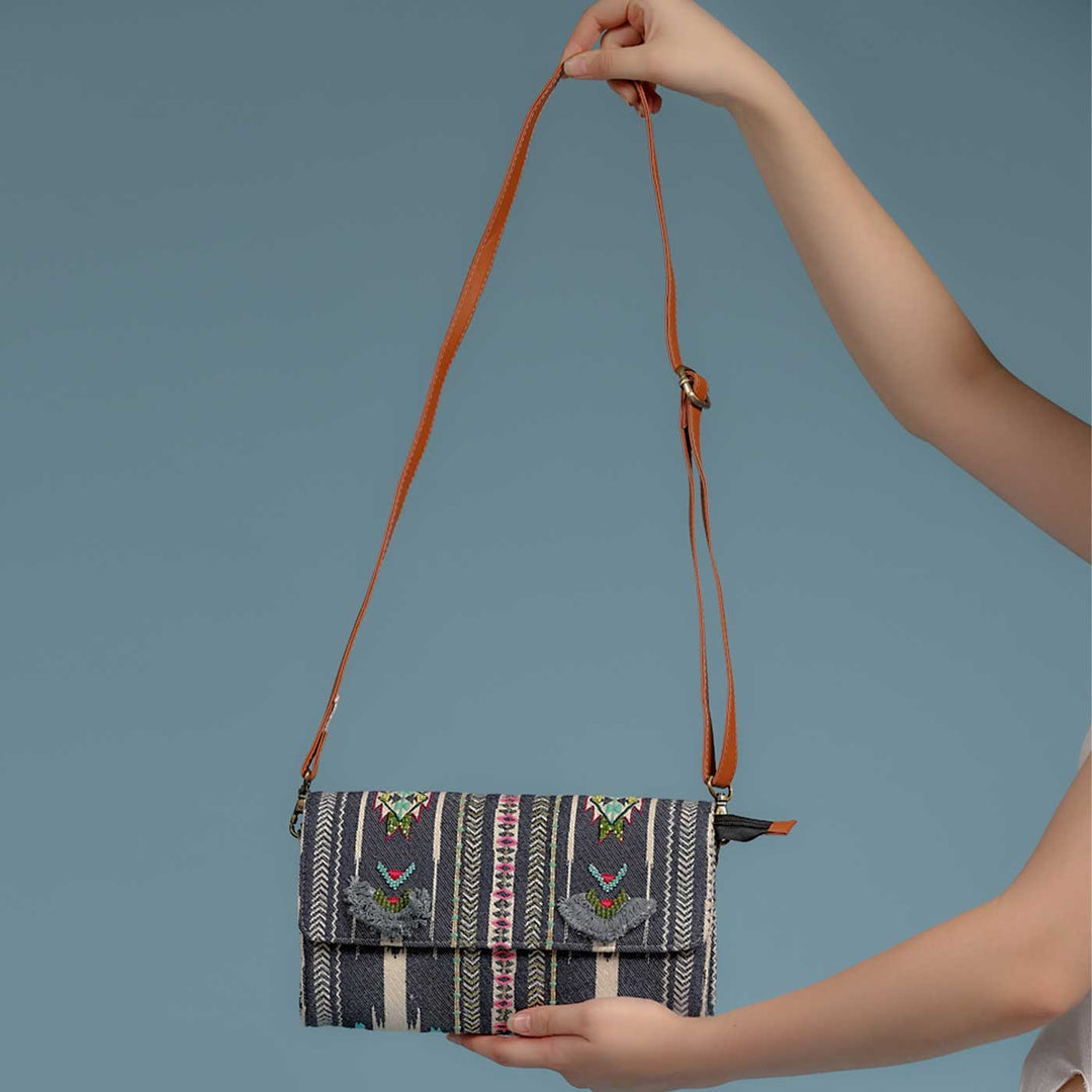 Handmade Embroidered Grey Color Jacquard Sling Bag