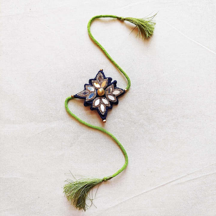 Handmade Mirror Work And Ghungroo Blue Bhaiya Bhabhi Rakhi With Roli Chawal Set Of 2 - Single Piece with Tassels Flat