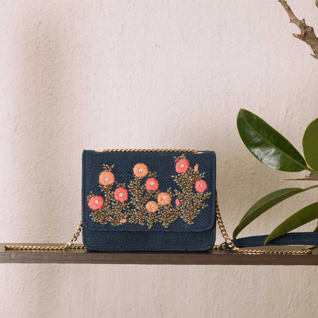 Personalized Embroidered Pink Buttercups Blue Flap Bag