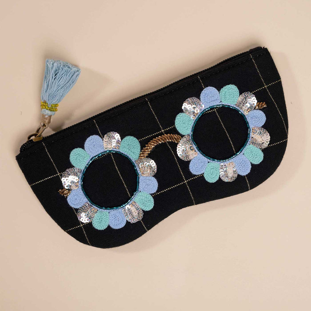 Handmade Embroidered Blue Coolers Design Suede Sunglass Cover