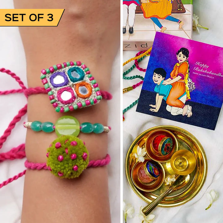 3 pc Rakhi + Brass Thali Set | Premium Kishmish Mirror Work Rakhi Set with Roli Chawal