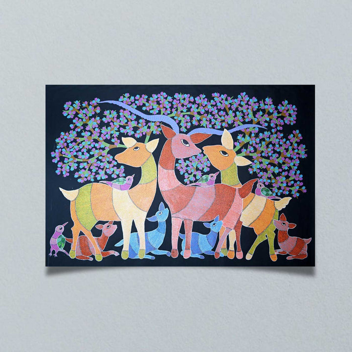 15 x 22 Inch | Birds & Deers | Original Hand Painted Tribal Gond Art Painting | Acrylic Paints On Canvas