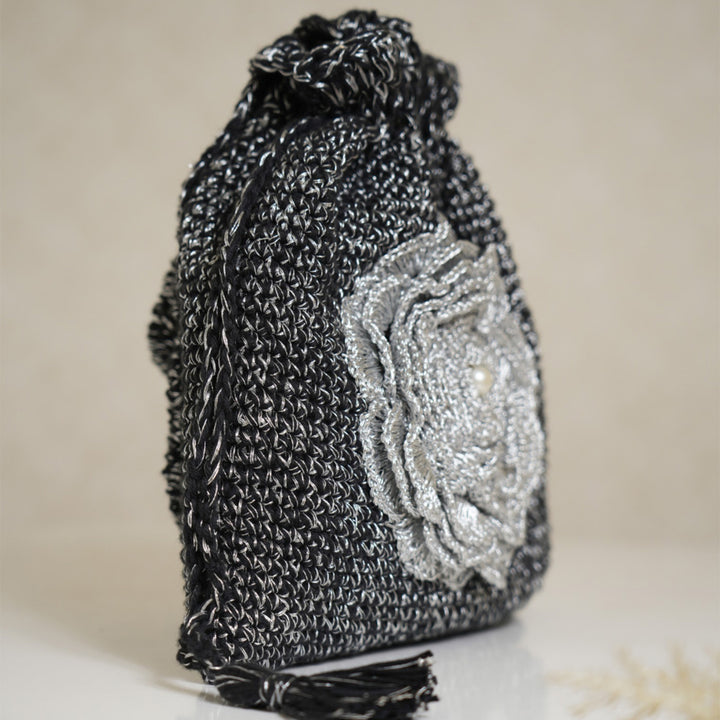 Handmade Crochet Black & Silver Potli