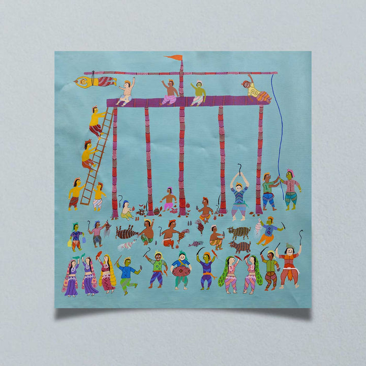 36 x 36 Inch | Festival of the Village | Original Hand Painted Bhill Painting | Acrylic Paints On Canvas