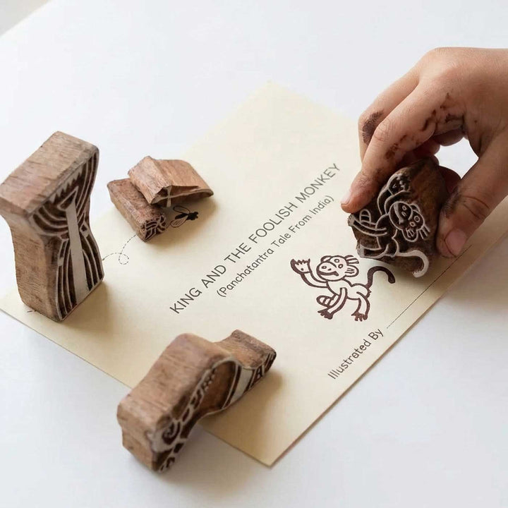 King And The Foolish Monkey Panchatantra Block Printing DIY Kit | 5 Stamps, Poster Colours, Painting Brush, Printing Pads, Story Cards  And Jute String