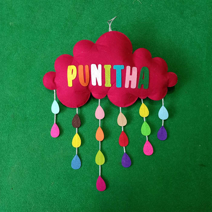Personalized Handmade Cloud with Raindrops Felt Kids Name Plate