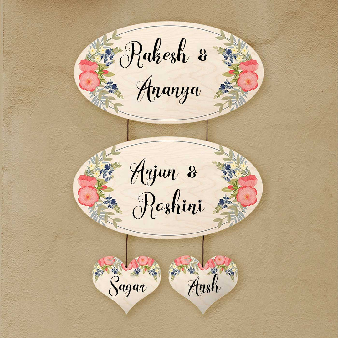 Printed White Floral Wooden Oval Nameplate For Family