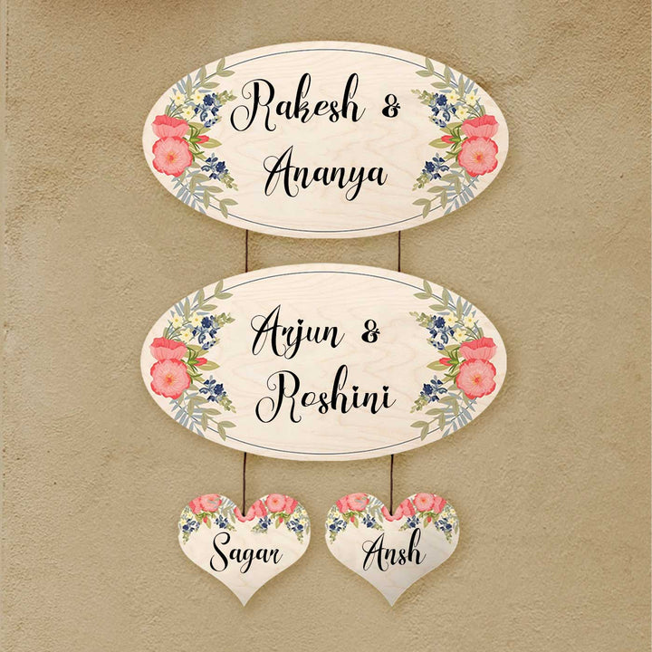 Printed White Floral Wooden Oval Nameplate For Family