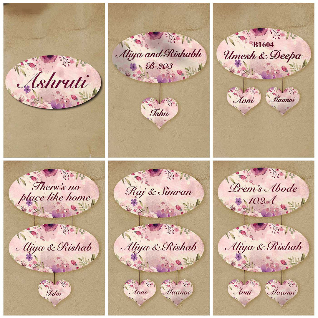 Printed Spring Floral Wooden Oval Nameplate For Family